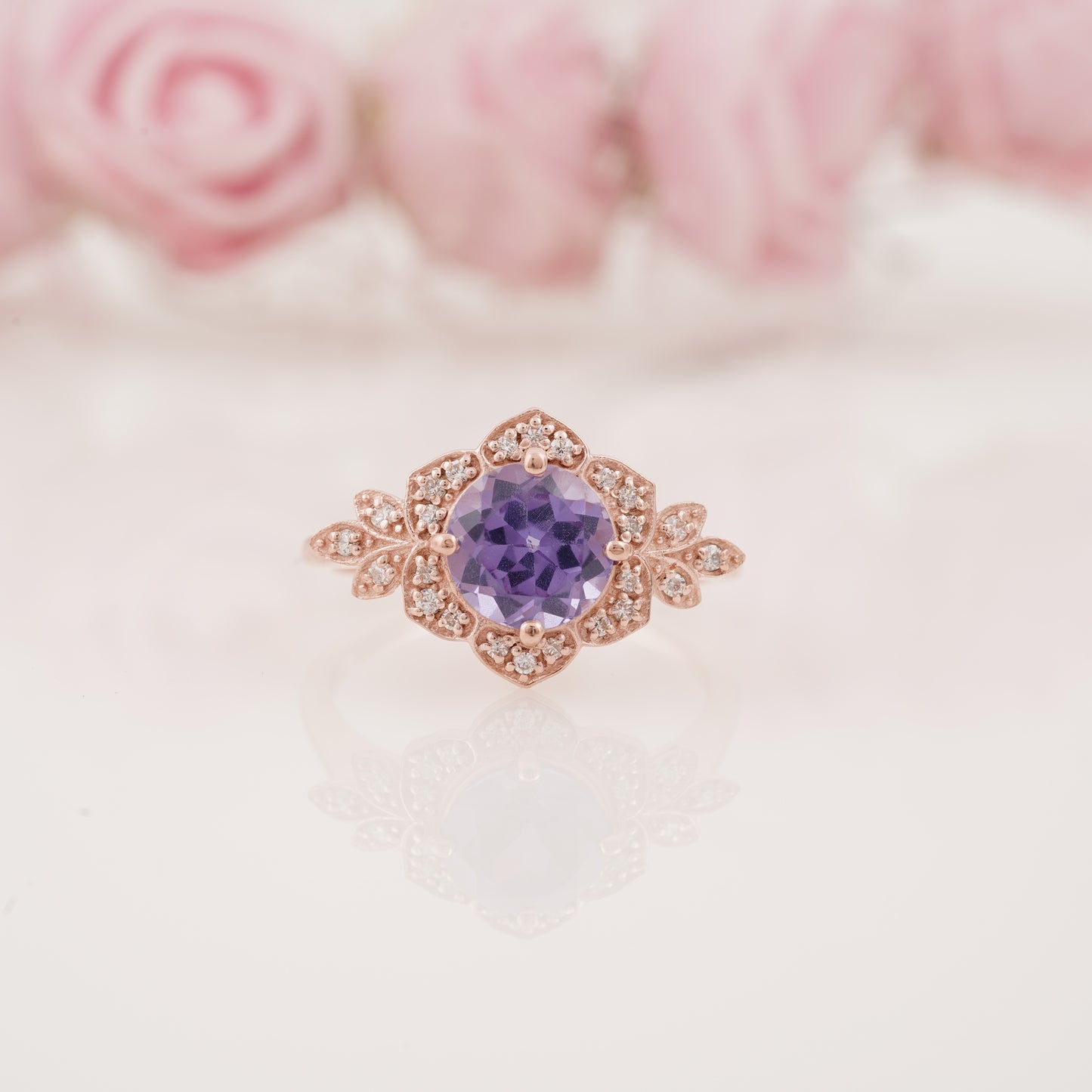 Vintage-Inspired Round Alexandrite Engagement Ring with Side Round Moissanite Accents
