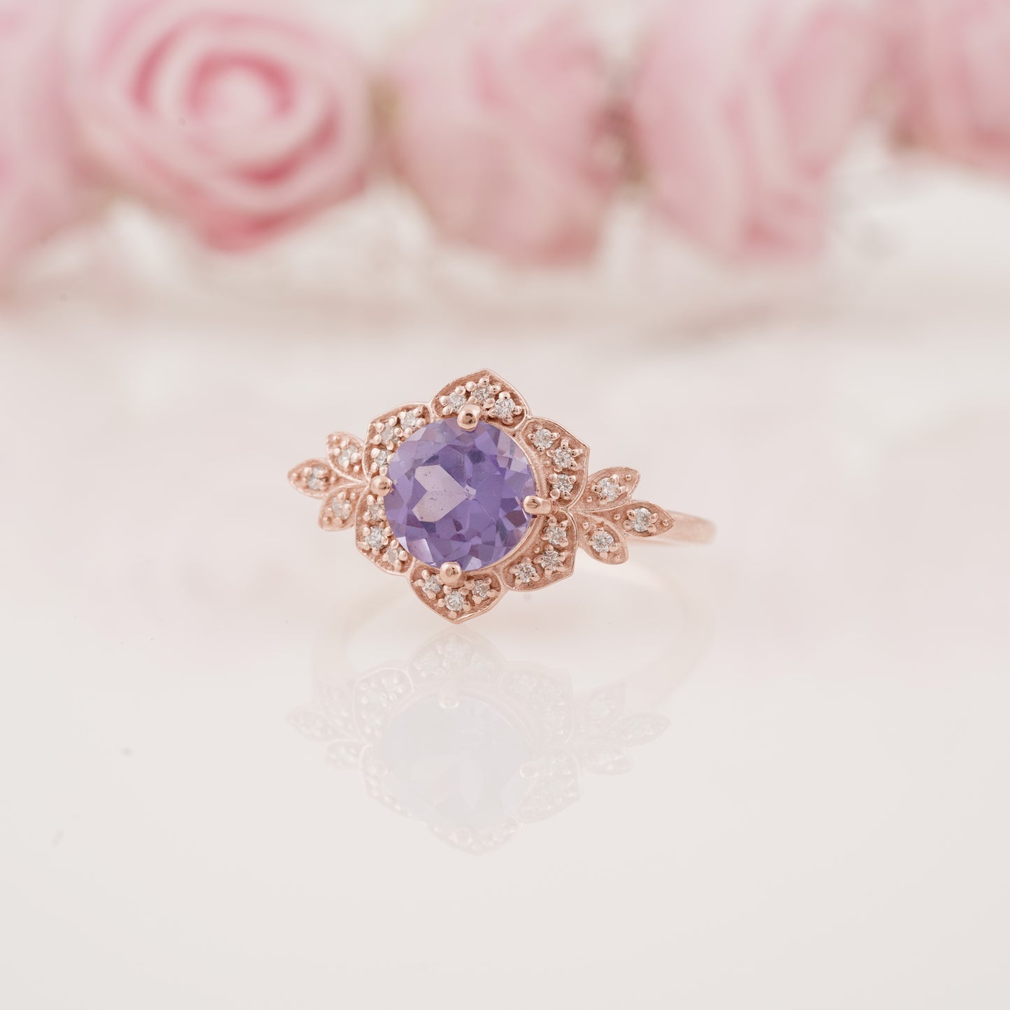 Vintage-Inspired Round Alexandrite Engagement Ring with Side Round Moissanite Accents
