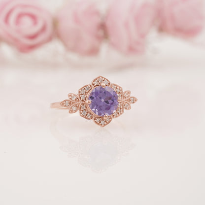 Vintage-Inspired Round Alexandrite Engagement Ring with Side Round Moissanite Accents