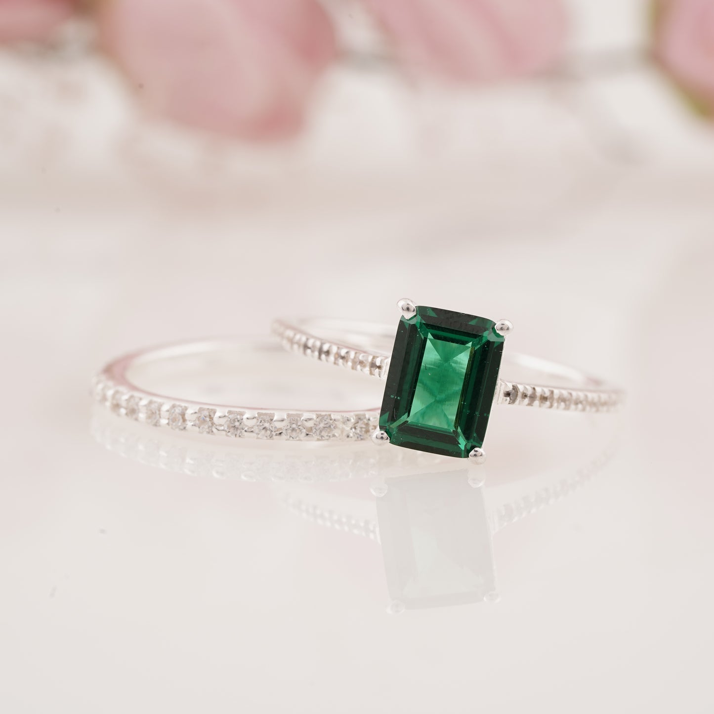 Pave Style Emerald Ring with Round Moissanite Enhancer Band Engagement Ring Set