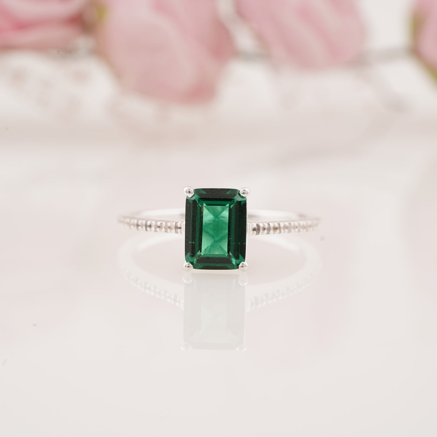 Pave Style Emerald Ring with Round Moissanite Enhancer Band Engagement Ring Set