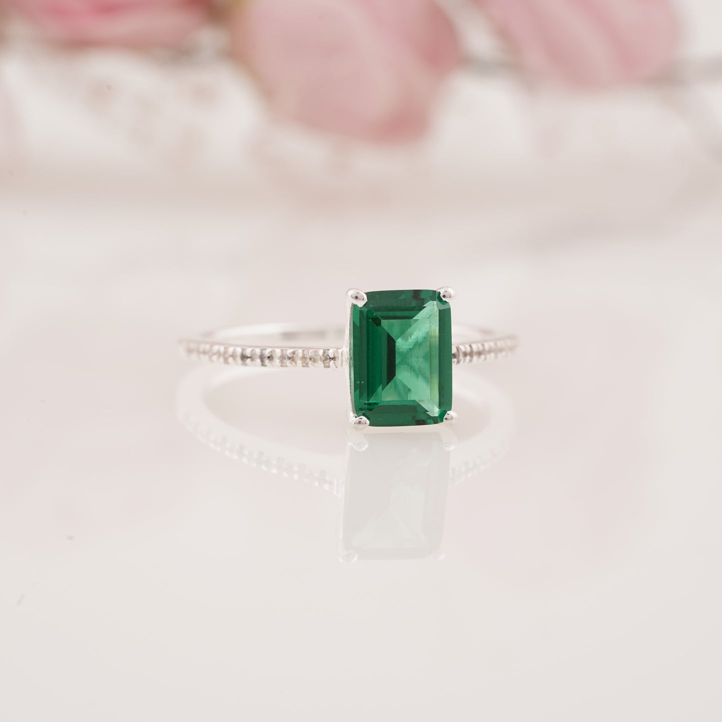 Pave Style Emerald Ring with Round Moissanite Enhancer Band Engagement Ring Set