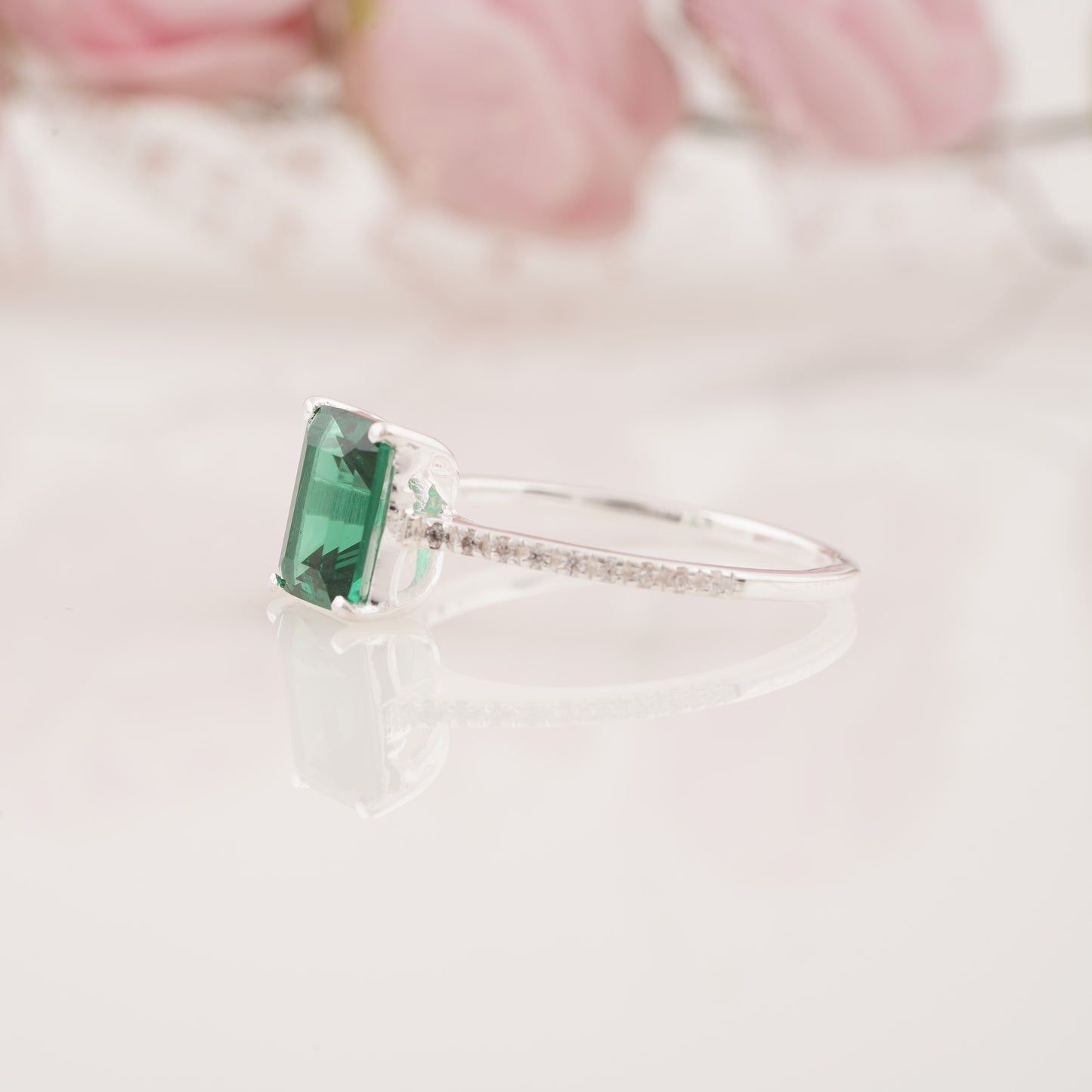 Pave Style Emerald Ring with Round Moissanite Enhancer Band Engagement Ring Set