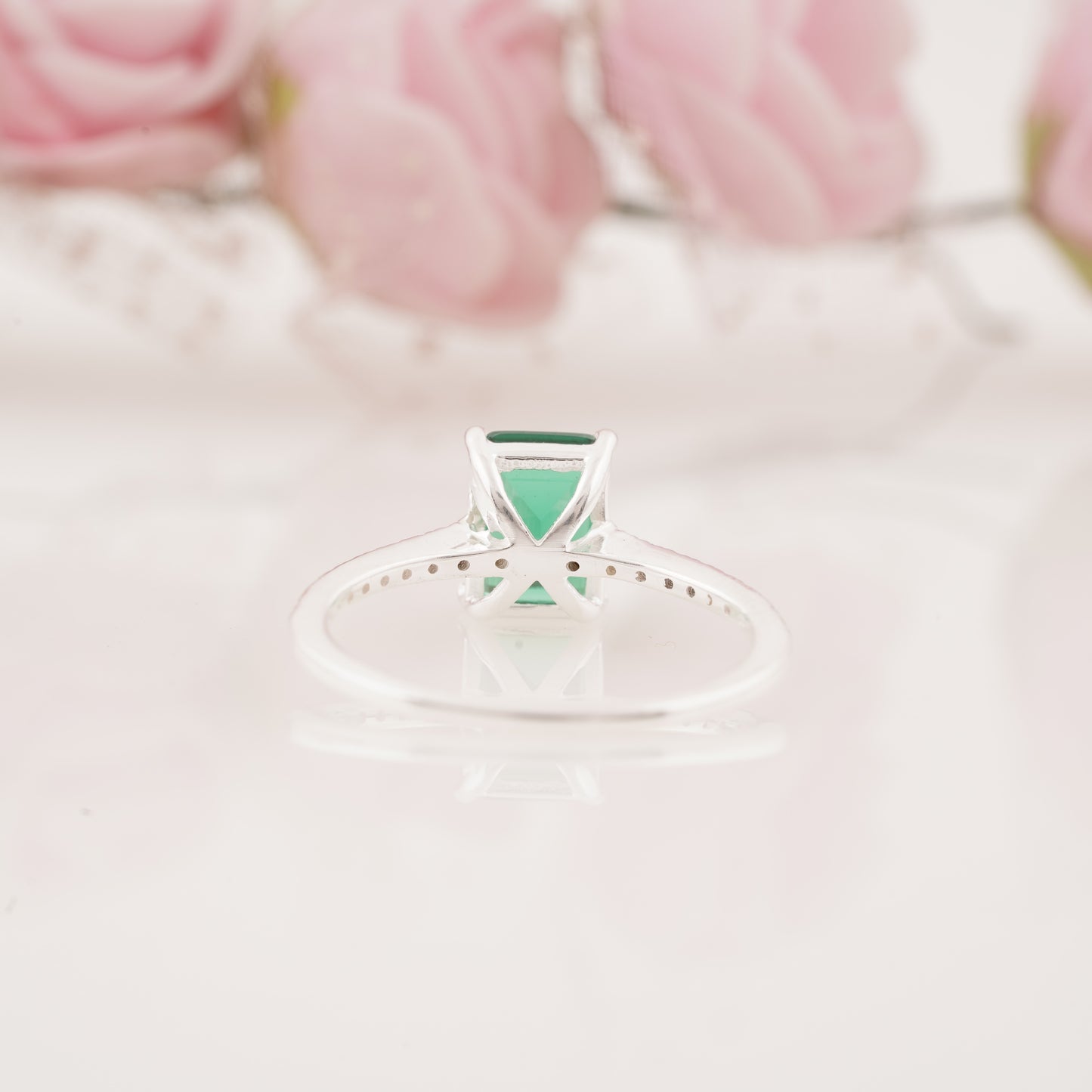 Pave Style Emerald Ring with Round Moissanite Enhancer Band Engagement Ring Set