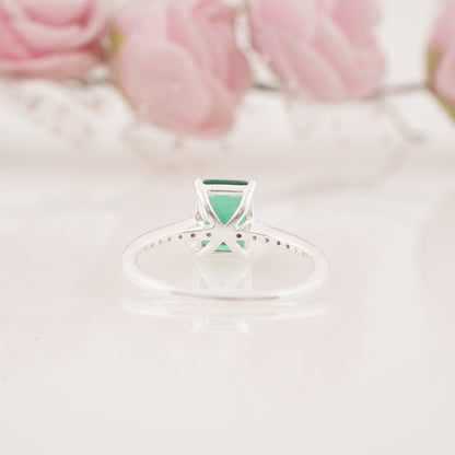 Pave Style Emerald Ring with Round Moissanite Enhancer Band Engagement Ring Set