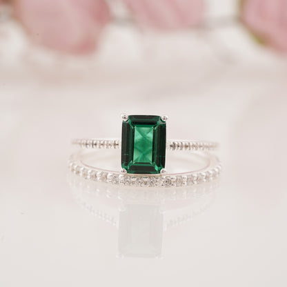 Pave Style Emerald Ring with Round Moissanite Enhancer Band Engagement Ring Set