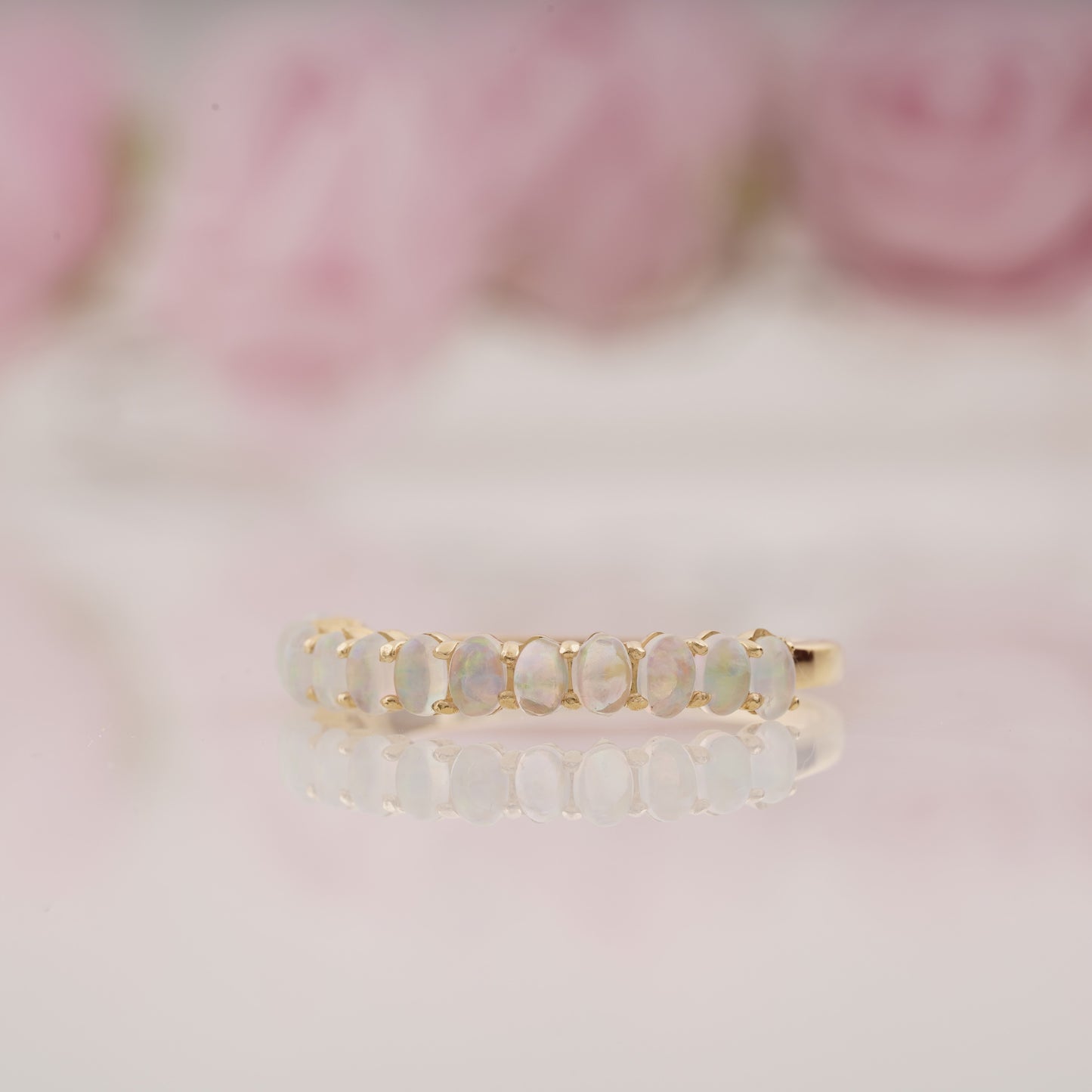 Oval Shaped Opal Half Eternity Wedding Band For Women