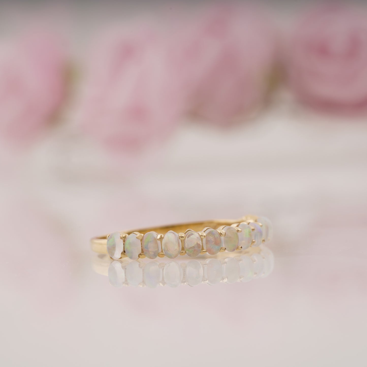 Oval Shaped Opal Half Eternity Wedding Band For Women