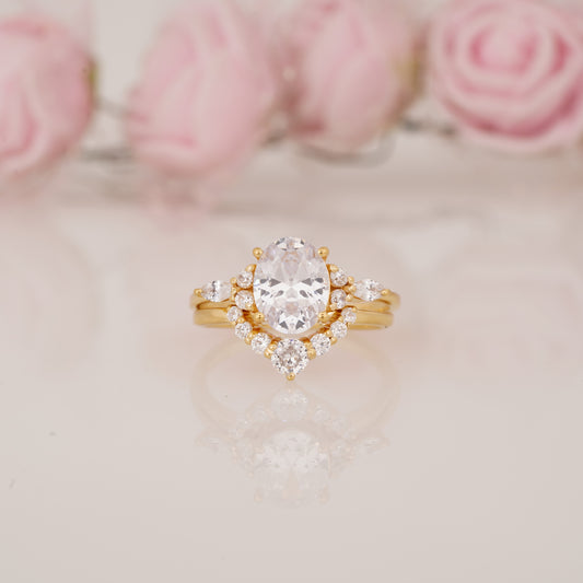 Oval Moissanite Cluster Ring with Round Moissanite Curved Band Engagement Ring Set