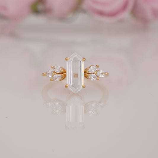 Long Hexagon Cut Moissanite with Side Marquise Engagement Ring