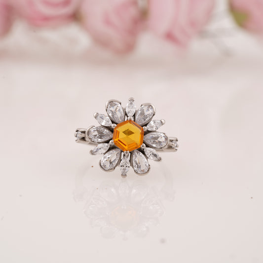 Floral-Inspired Hexagon Shaped Citrine Ring with Marquise Side Stones