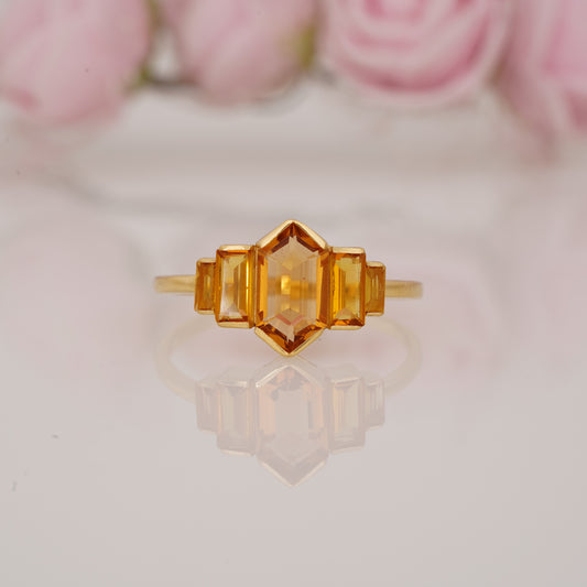 Long Hexagon Cut Citrine and Side Baguette Five Stone Half Bezel Engagement Ring