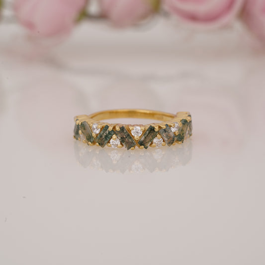 Elegant Lab-Grown Baguette Cut Moss Agate Half Eternity Wedding Band