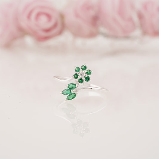Floral Style Lab Grown Moissanite and Emerald Engagement Ring