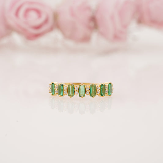 Baguette Cut Emerald and Round Moissanite Half Eternity Wedding Band
