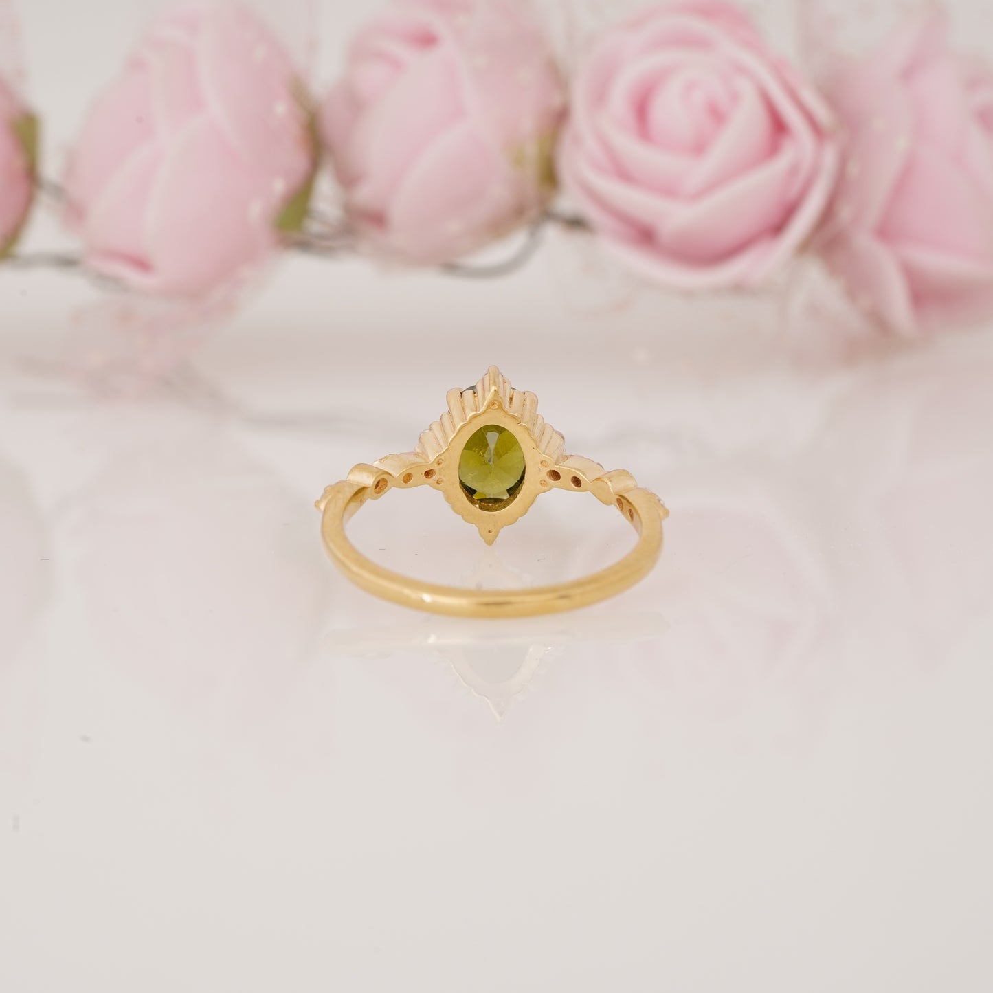 Oval Shape Peridot and Side Moissanite Engagement Ring
