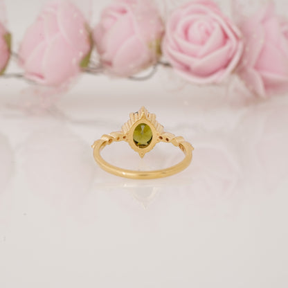 Oval Shape Peridot and Side Moissanite Engagement Ring