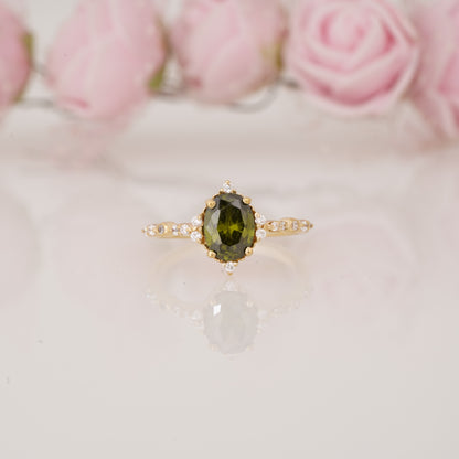 Oval Shape Peridot and Side Moissanite Engagement Ring
