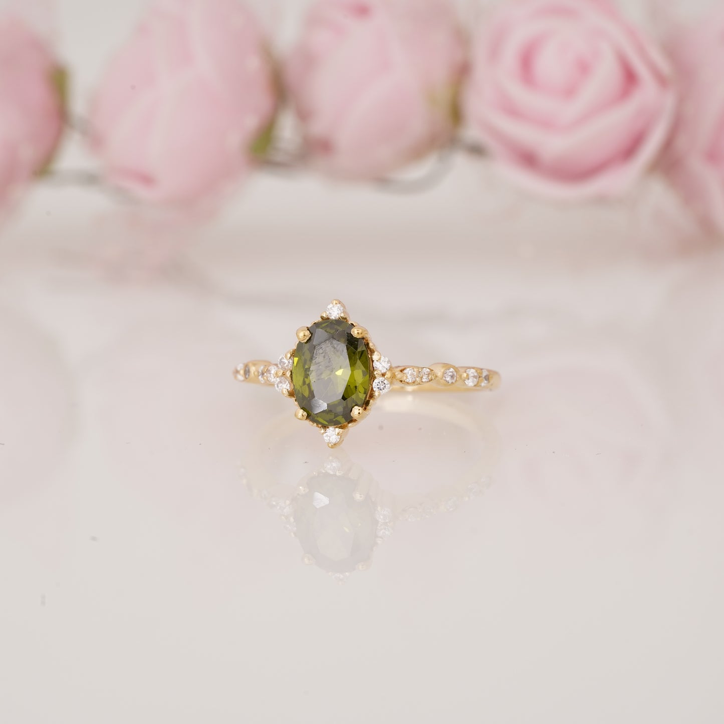 Oval Shape Peridot and Side Moissanite Engagement Ring