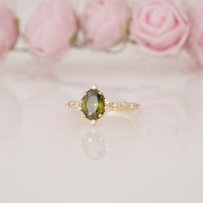 Oval Shape Peridot and Side Moissanite Engagement Ring