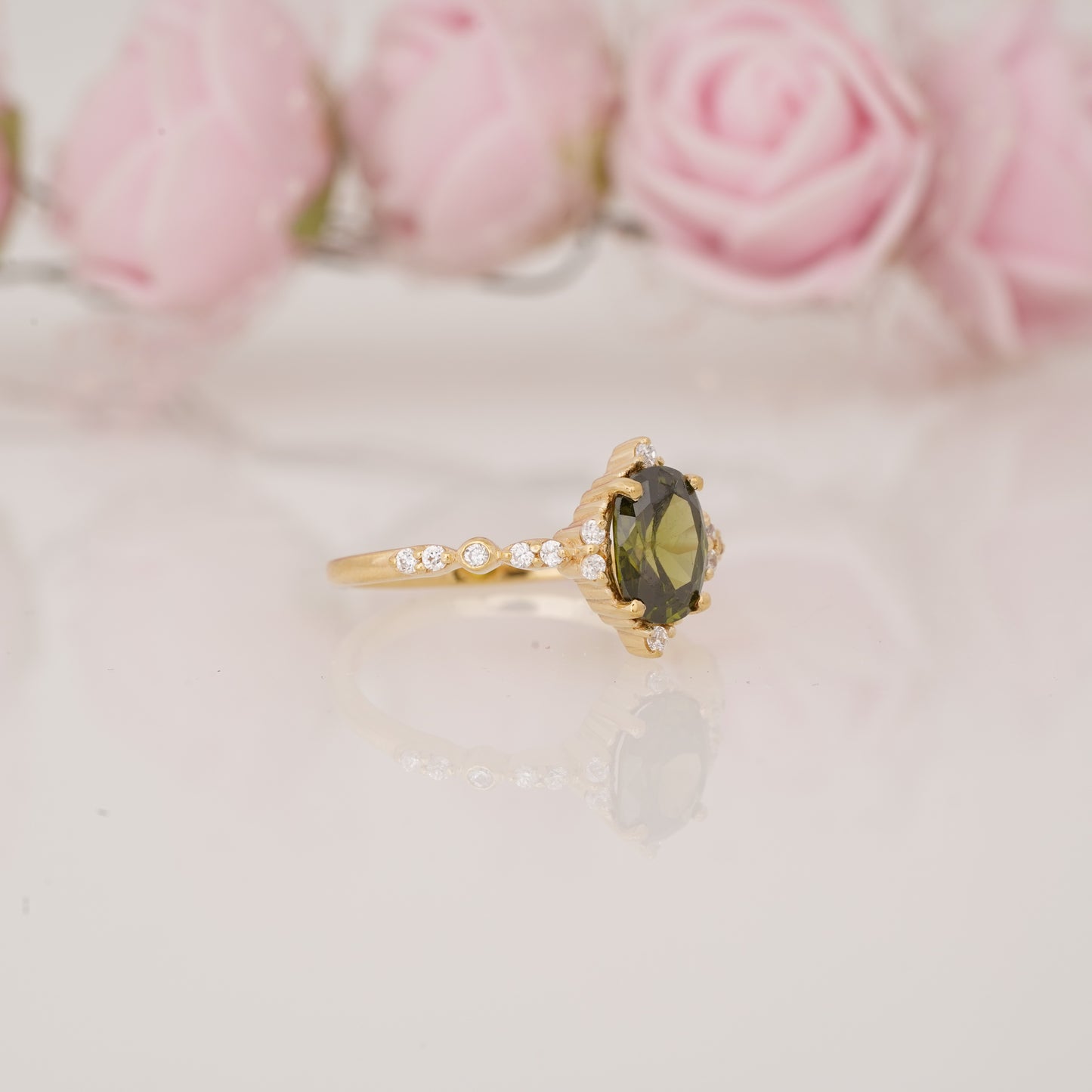 Oval Shape Peridot and Side Moissanite Engagement Ring