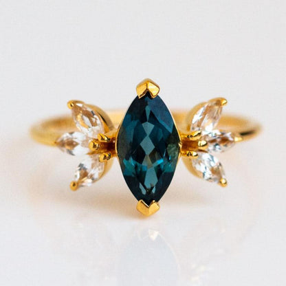 Marquise Cut Lab Grown Topaz and Side Moissanite Engagement Ring