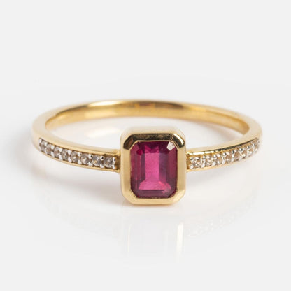 Emerald Cut Ruby and Side Moissanite Engagement Ring