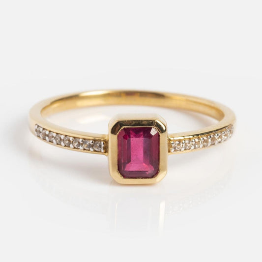 Emerald Cut Ruby and Side Moissanite Engagement Ring
