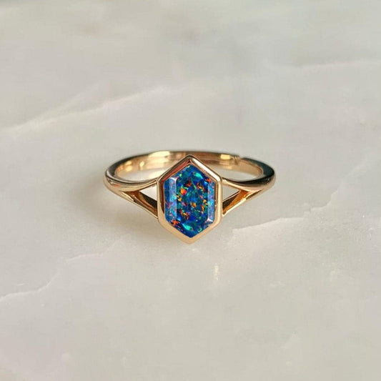 Unique Hexagon Cut Black Fire Opal Engagement Ring
