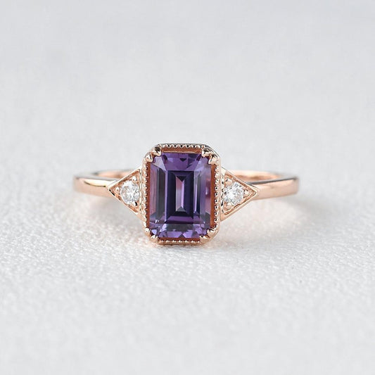 Vintage-Inspired Emerald Cut Amethyst Three-Stone Engagement Ring