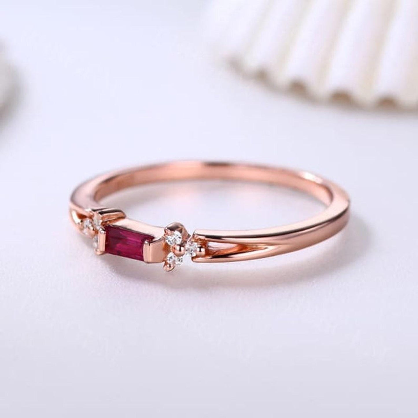 Minimalist Baguette Ruby with Side Round Moissanite Wedding Band