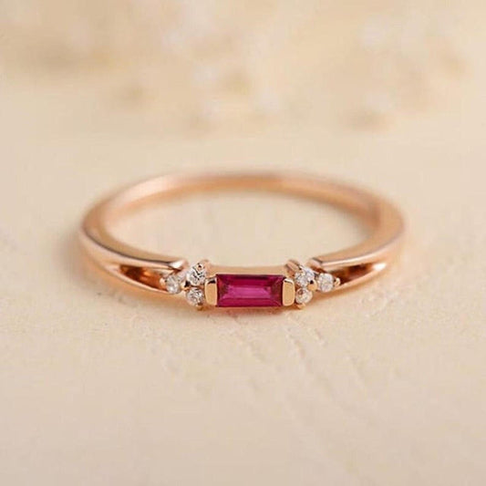 Minimalist Baguette Ruby with Side Round Moissanite Wedding Band